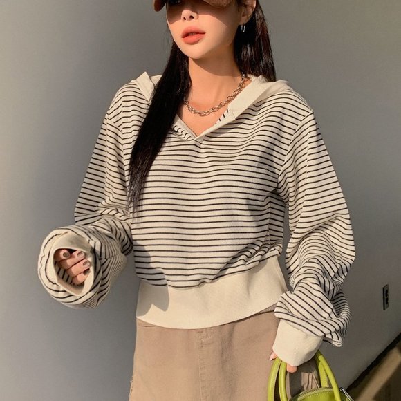 Brown Casual Womens Striped Drop Shoulder Sweatshirt - Picture 3 of 5